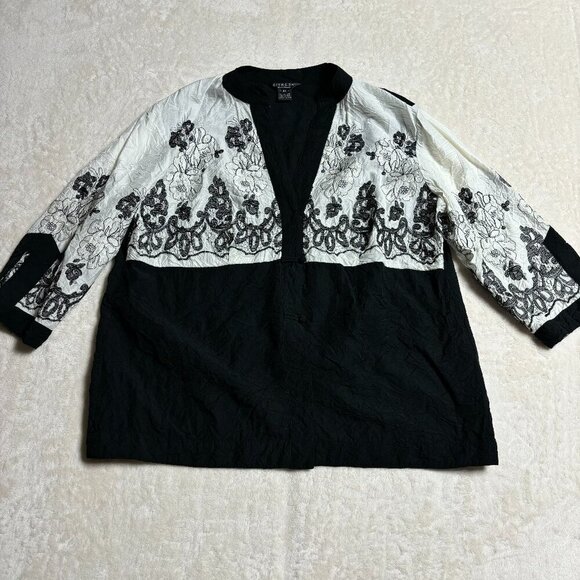 Citron Womens Blouse 0X Black White Embroidered Floral Bamboo Art to Wear - Picture 1 of 13